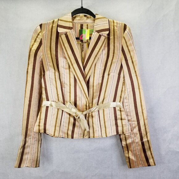 D.E.S. Jacket Women's Sz 6 Silk Linen Snap Wrap Front Striped Classic Blazer Tan - Picture 1 of 16